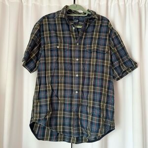 GAP Men's Blue Plaid Button Up Short Sleeve Cotton Shirt Size Medium